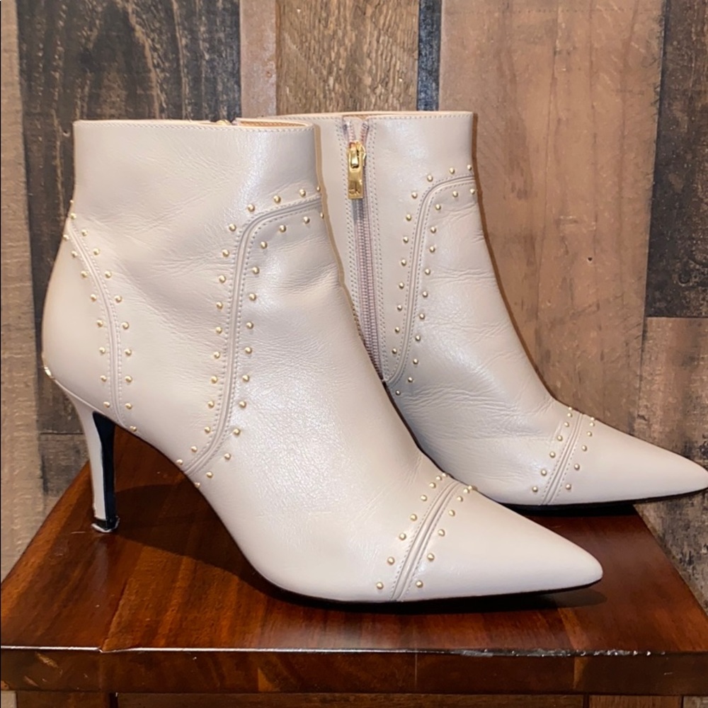 Tan studded booties with pointed toe